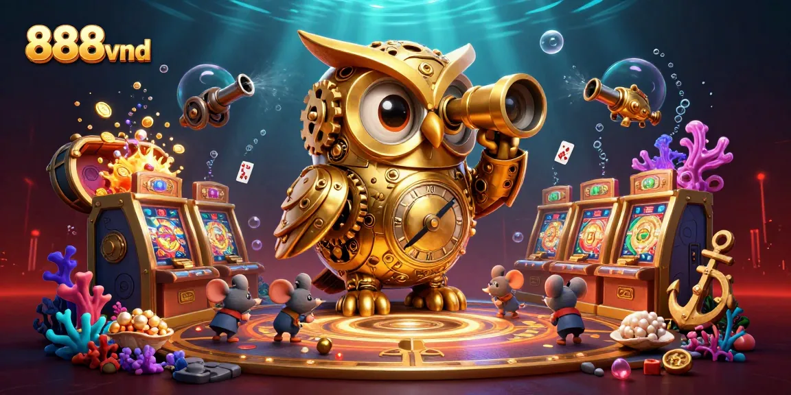 Experience the thrilling atmosphere of 888vnd's casino with a detailed illustration of an owl overlooking action-packed slot machines.