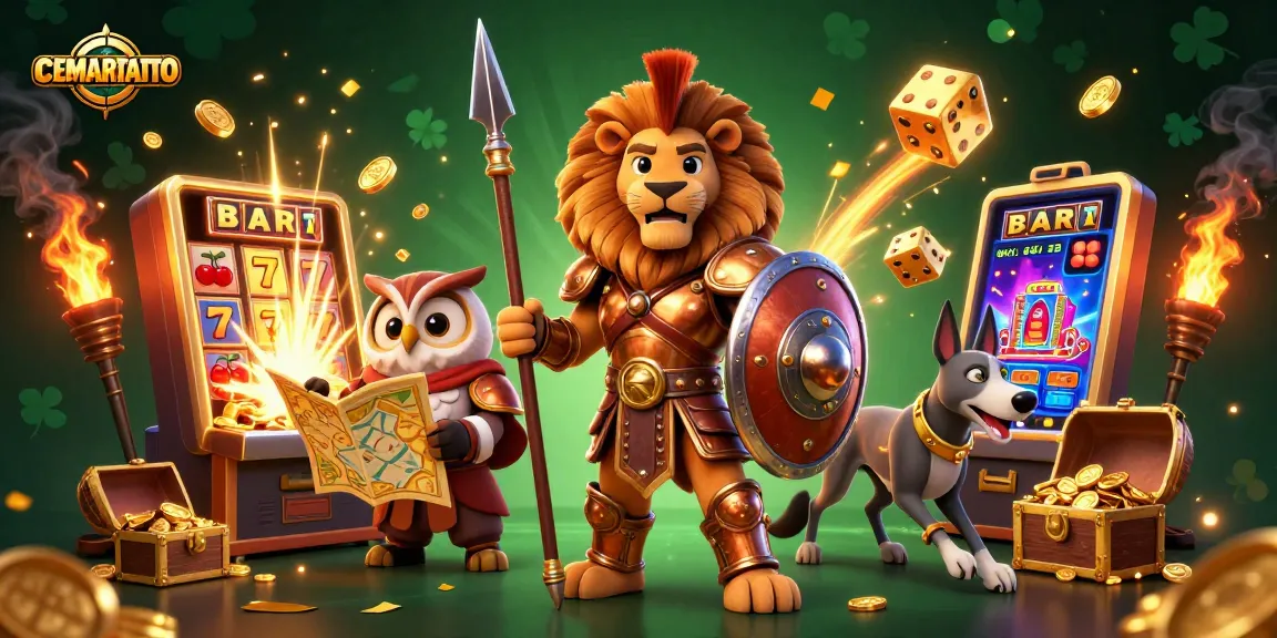 CEMARATOTO offers a thrilling gaming experience with a jackpot explosion featuring a Spartan lion and slot machines.