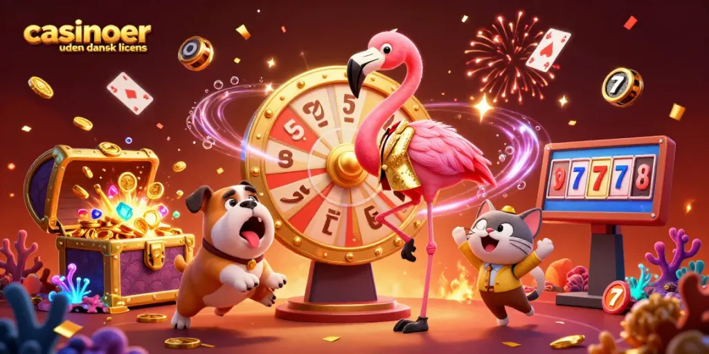 Engaging scene at casinoer uden dansk licens with 3D characters celebrating vibrant wins and spinning prizes.
