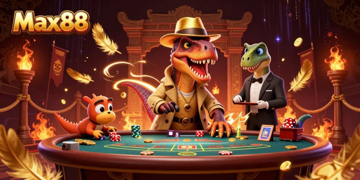 Engage in thrilling gameplay at Max88 with a cartoon velociraptor at a blackjack table amidst vibrant casino elements.