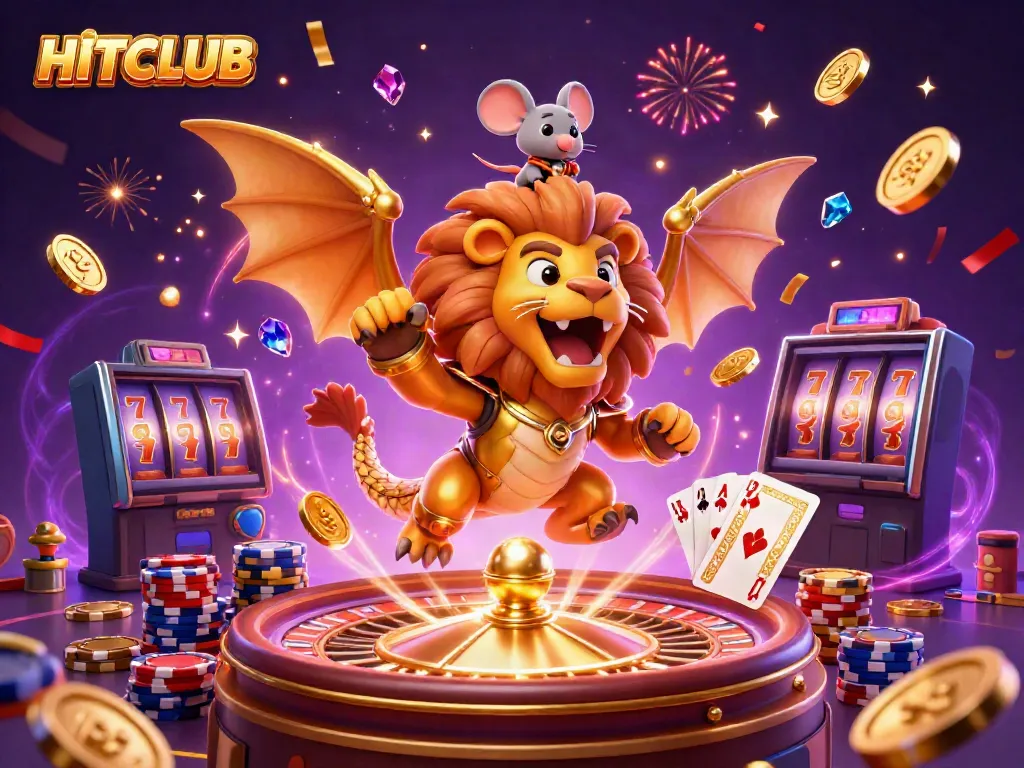 Experience the thrill at HITCLUB with a dynamic casino scene featuring gold coins, roulette, and vibrant characters.