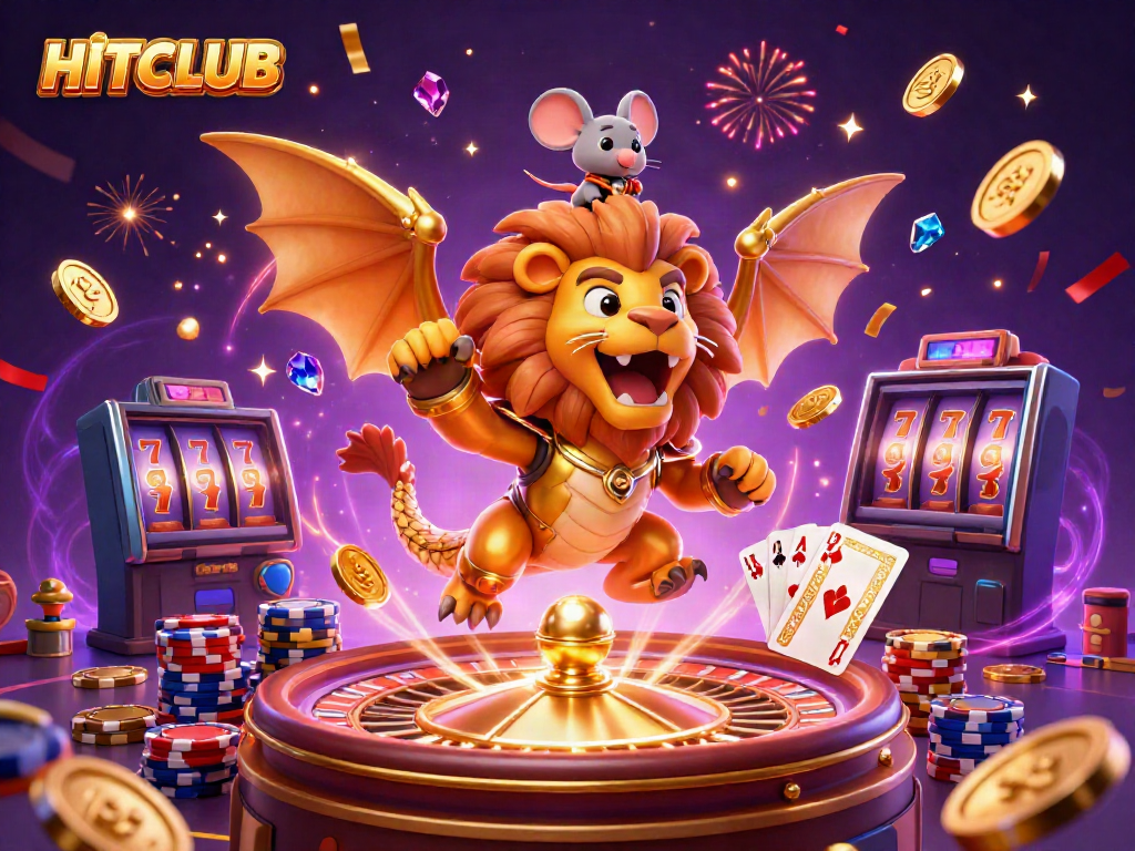 Experience the thrill at HITCLUB with a dynamic casino scene featuring gold coins, roulette, and vibrant characters.