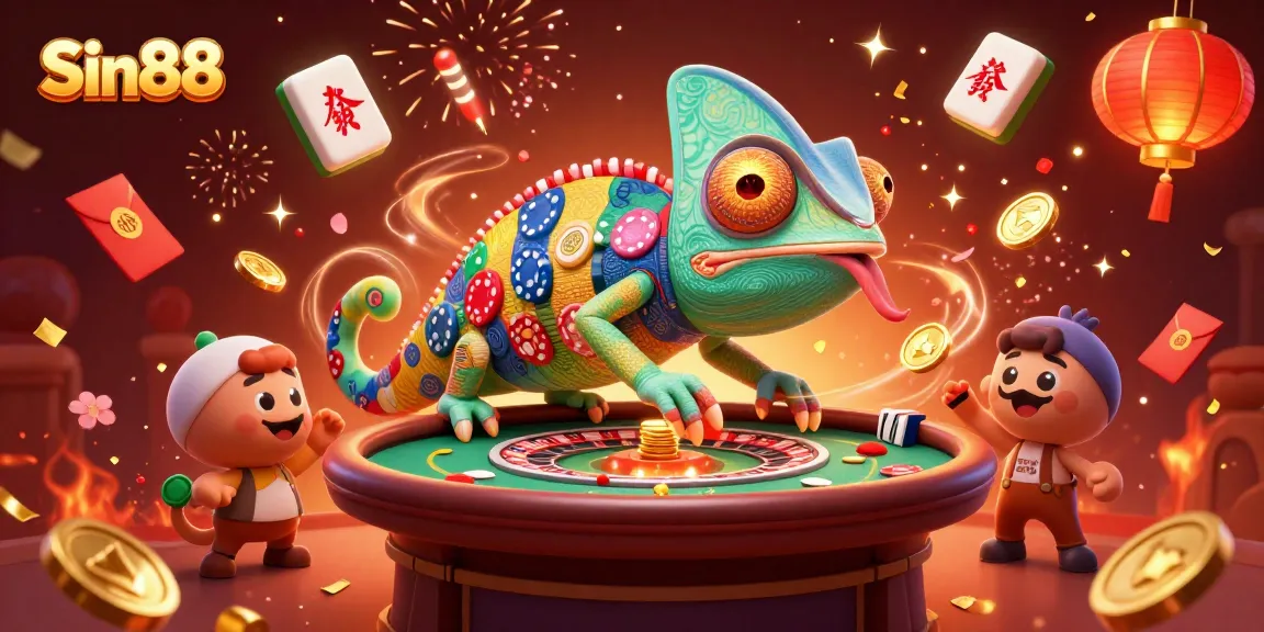 Experience the rich excitement of Sin88 with a vibrant 3D chameleon casino owner surrounded by gaming elements.