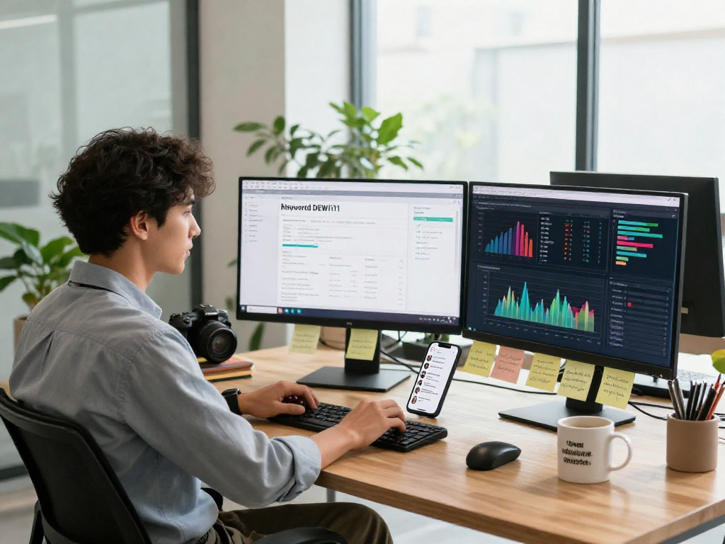 Marketing strategist analyzing DEWI111 campaign performance in a bright, modern workspace.