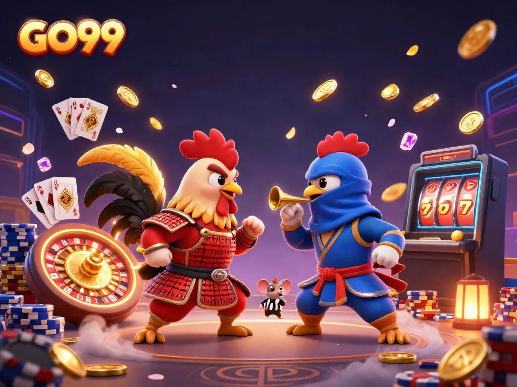 Engage in thrilling gameplay at GO99 with twin cartoon roosters in battle mode surrounded by casino elements.