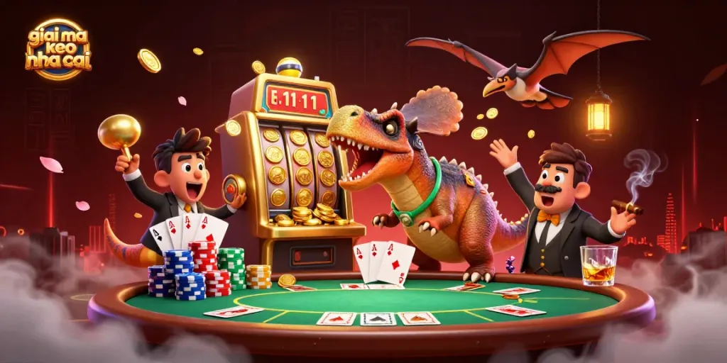 giai ma keo nha cai showcases a thrilling 3D scene of a dinosaur winning a jackpot at a casino with flying gold coins.