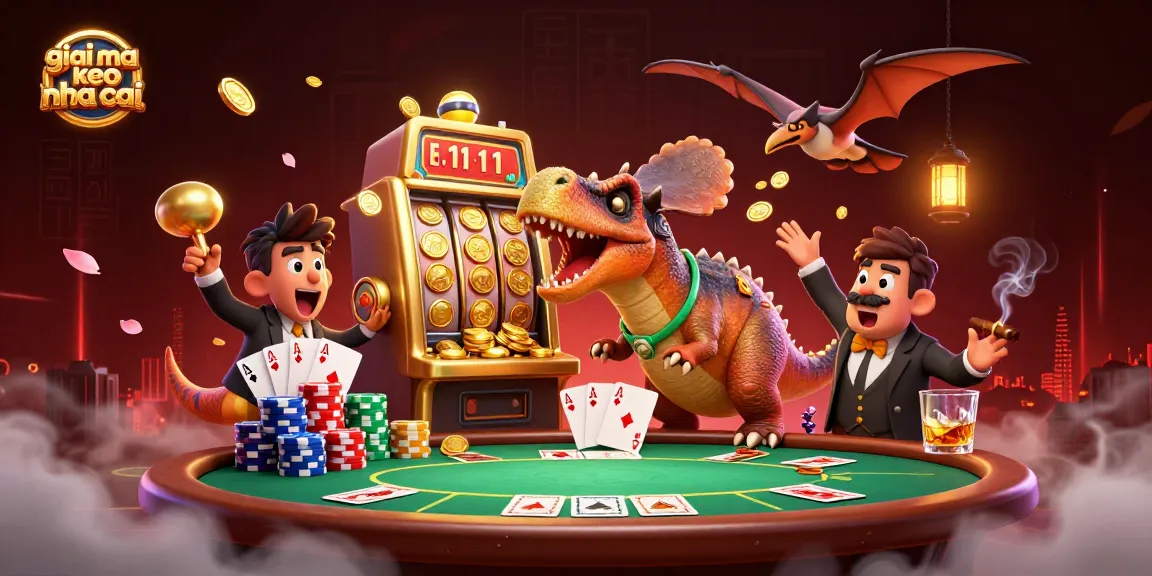 giai ma keo nha cai showcases a thrilling 3D scene of a dinosaur winning a jackpot at a casino with flying gold coins.