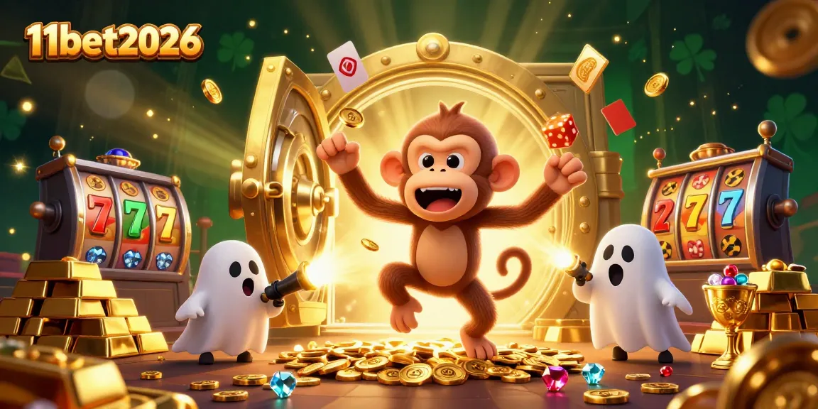 11bet2026 showcases a mischievous monkey and ghost-hunter puppy in a vibrant casino scene.