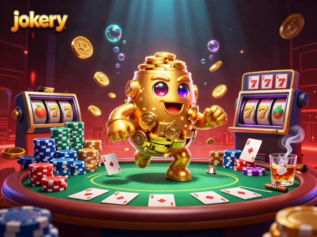 Experience the thrill at jokery casino with a vibrant 3D scene of a golden golem and poker elements.