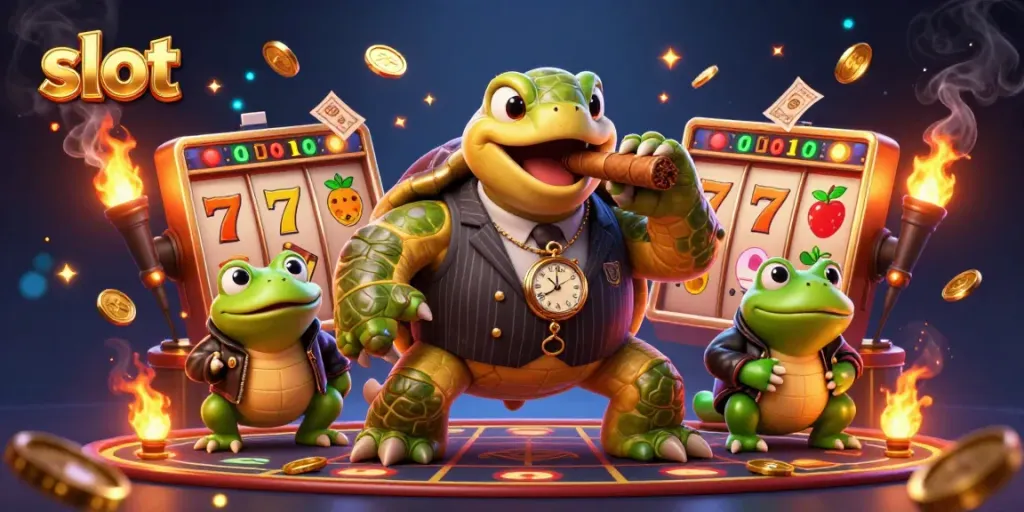 Engaging slot machine scene featuring a cartoon snapping turtle and bullfrog enforcers, with vibrant symbols and gambling elements.