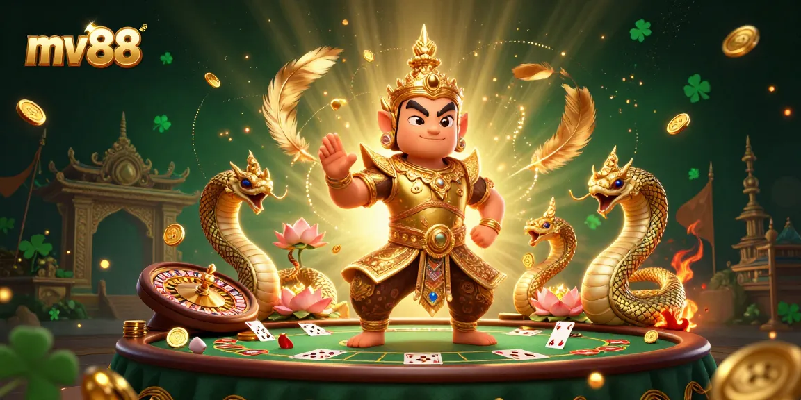 Experience mv88 thrills with engaging characters and casino elements in an exciting 3D illustration.