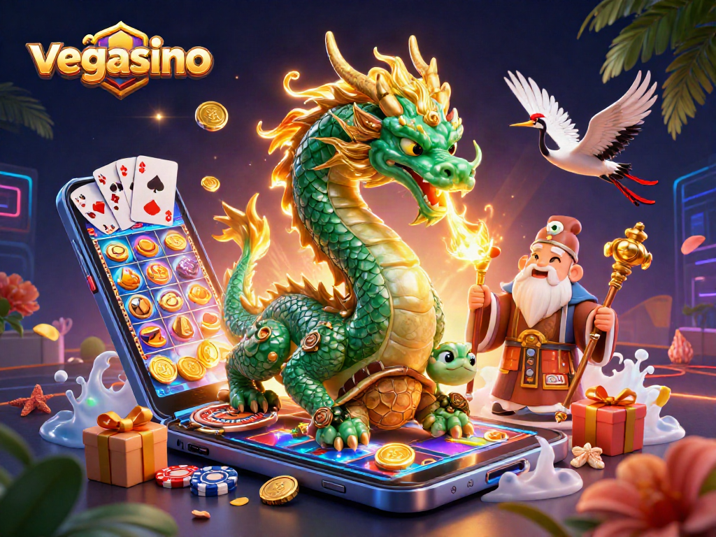 Experience the thrill with vegasino as a jade dragon breathes fire amidst vibrant casino elements.