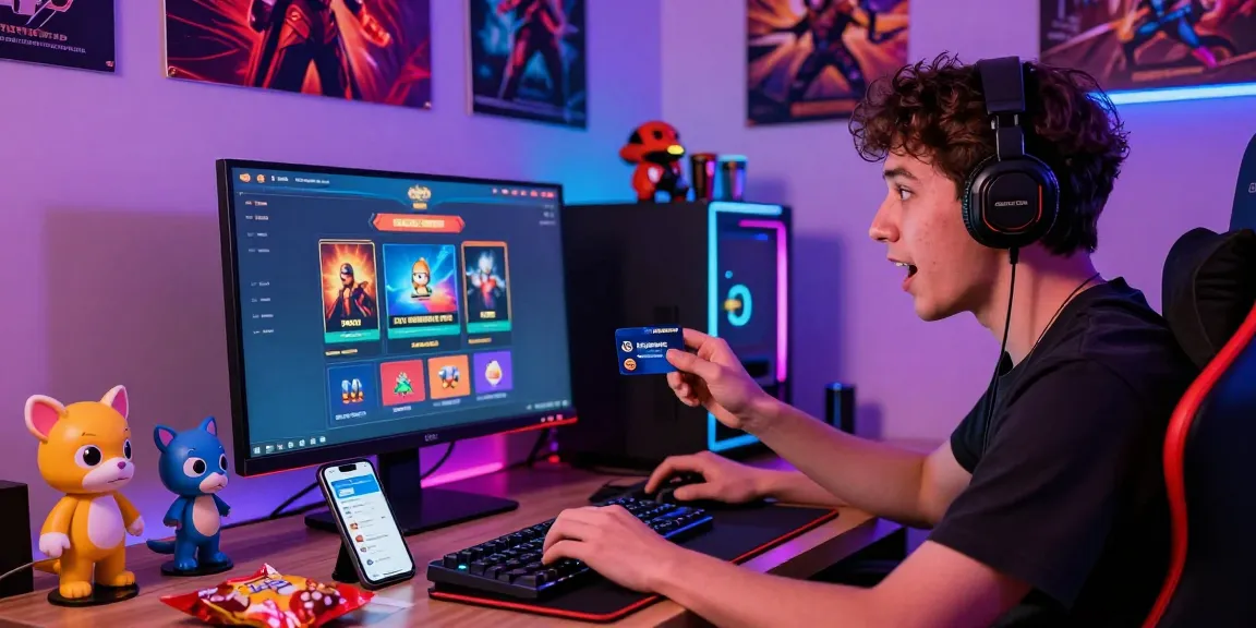 Aufgeregter Spieler in einem Paysafe Card Casino, bereit, mit Paysafecard Geld einzuzahlen, umgeben von Gaming-Ausrüstung und bunten LED-Lichtern.