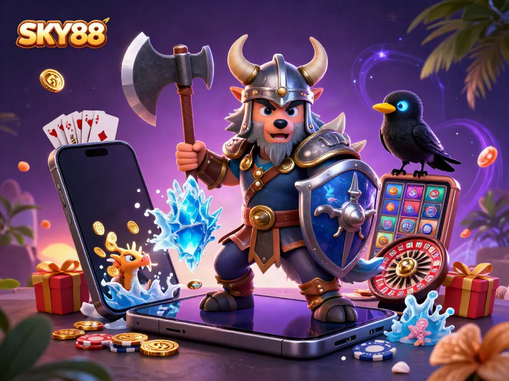 Experience thrilling gameplay at SKY88 with a dynamic Viking scene and casino elements