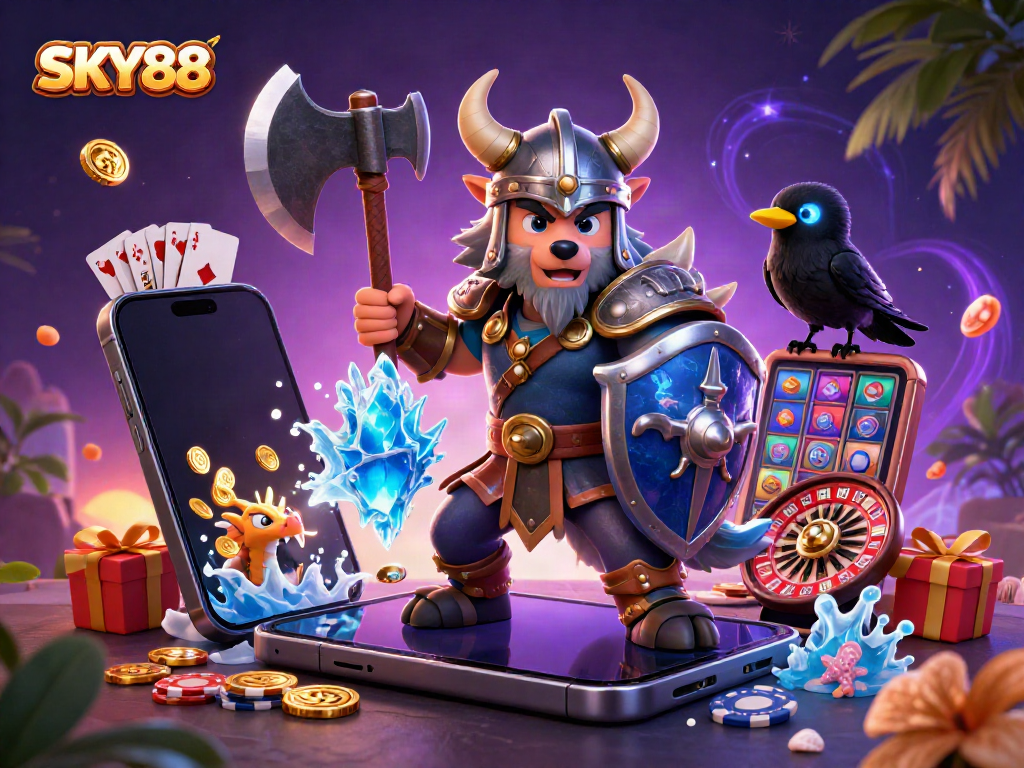 Experience thrilling gameplay at SKY88 with a dynamic Viking scene and casino elements