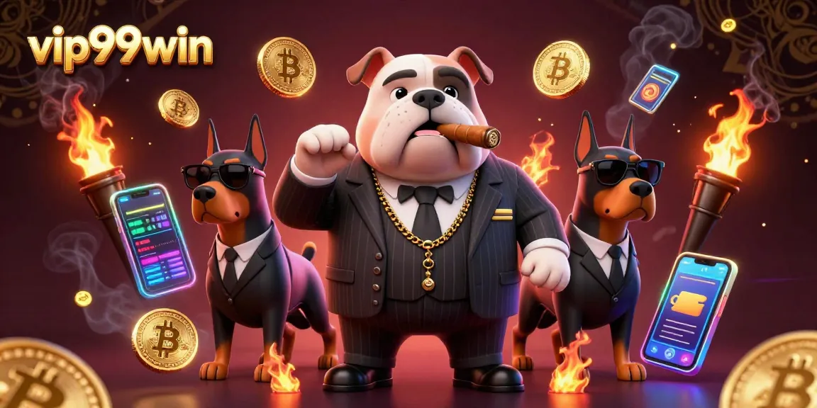 Experience excitement at vip99win with a lively 3D scene featuring a bulldog mafia boss and his bodyguard Dobermans in a casino atmosphere.