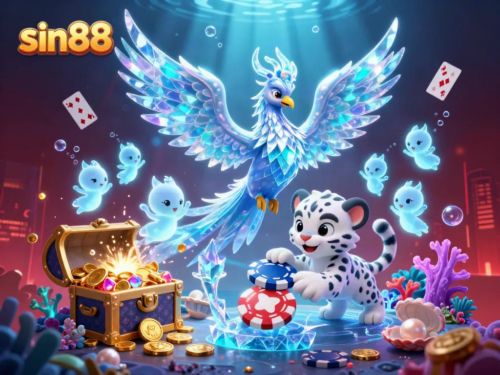 Engage in sin88 gameplay with an ice phoenix and snow leopard cub in a vibrant, dynamic casino scene.