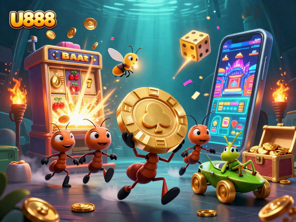 U888 team of ants pulling off a heist for a massive poker chip amidst vibrant casino chaos.