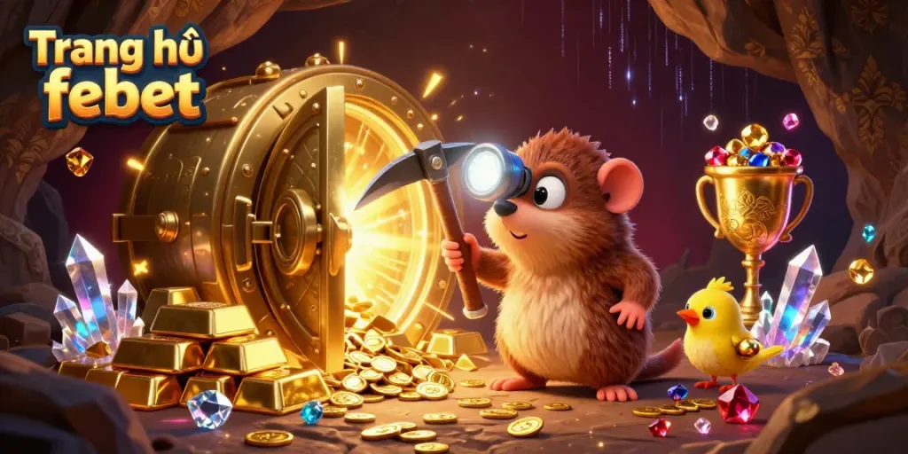 Experience the thrill of winning at Trang chủ febet with a cartoon treasure hunter mole discovering gems and gold in a rich casino environment.
