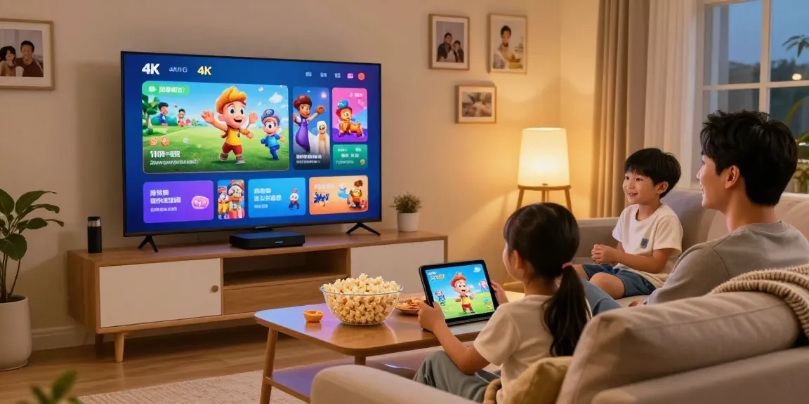 Familienmitglieder genießen IPTV kaufen in 4K Qualität im Wohnzimmer, mit Smart-TV und Snacks.