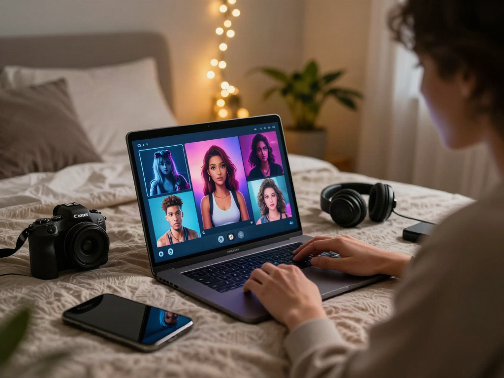 AI chat porn interaction featuring a person engaging in virtual conversations in a cozy bedroom setting.