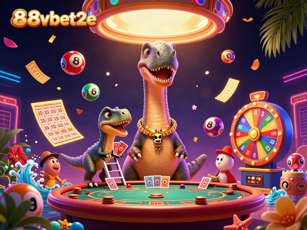 Experience thrilling fun with 88vbet2e as a giant brontosaurus deals cards in a vibrant casino scene.