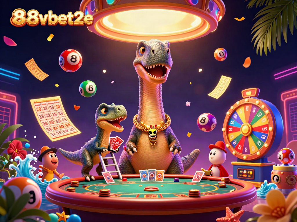 Experience thrilling fun with 88vbet2e as a giant brontosaurus deals cards in a vibrant casino scene.