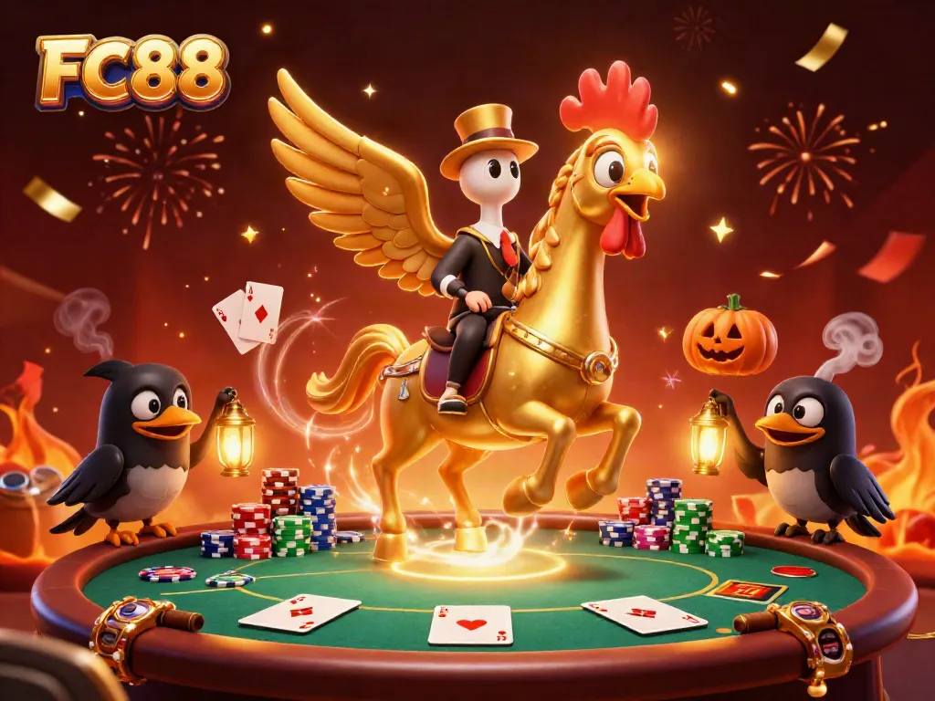 Experience the excitement of FC88 with a dynamic casino scene featuring a golden rooster, poker elements, and festive visuals.