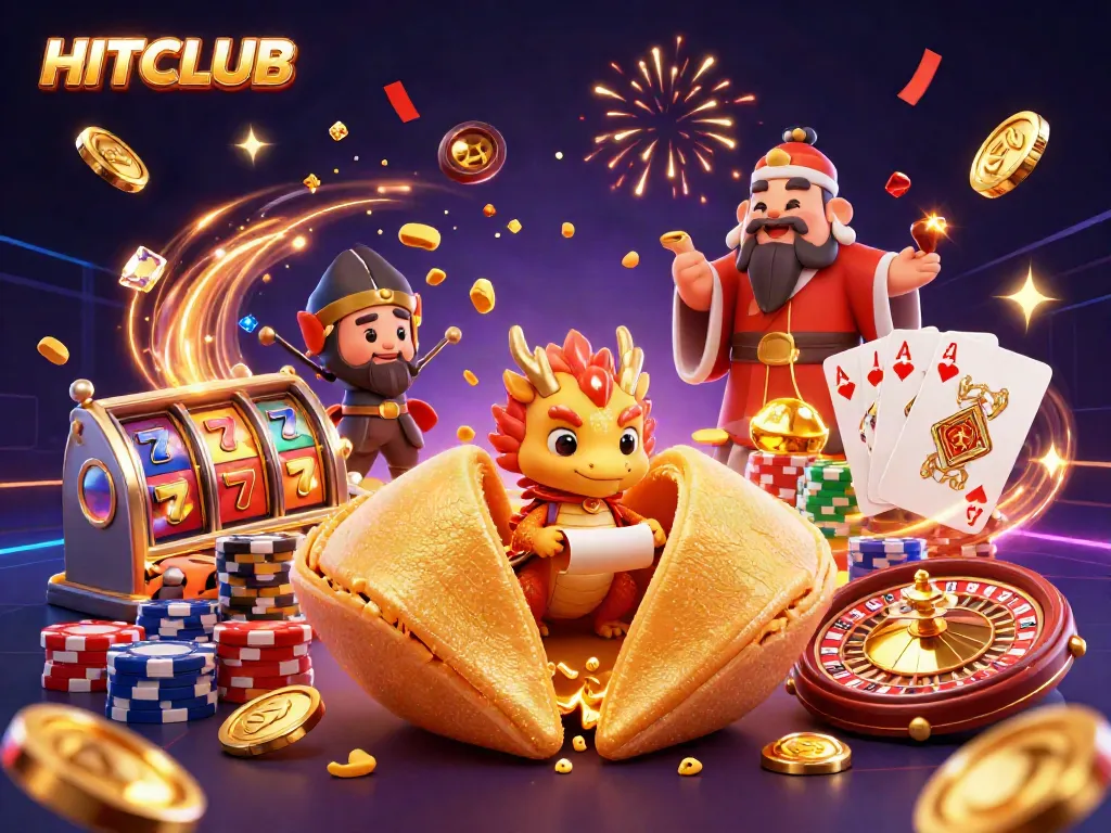 Experience HITCLUB's thrilling gaming world with a vibrant 3D illustration of a golden fortune cookie scene.