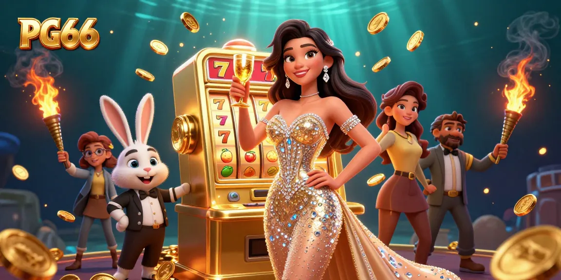 Spin the reels with PG66 while celebrating a jackpot win in a dazzling casino scene.