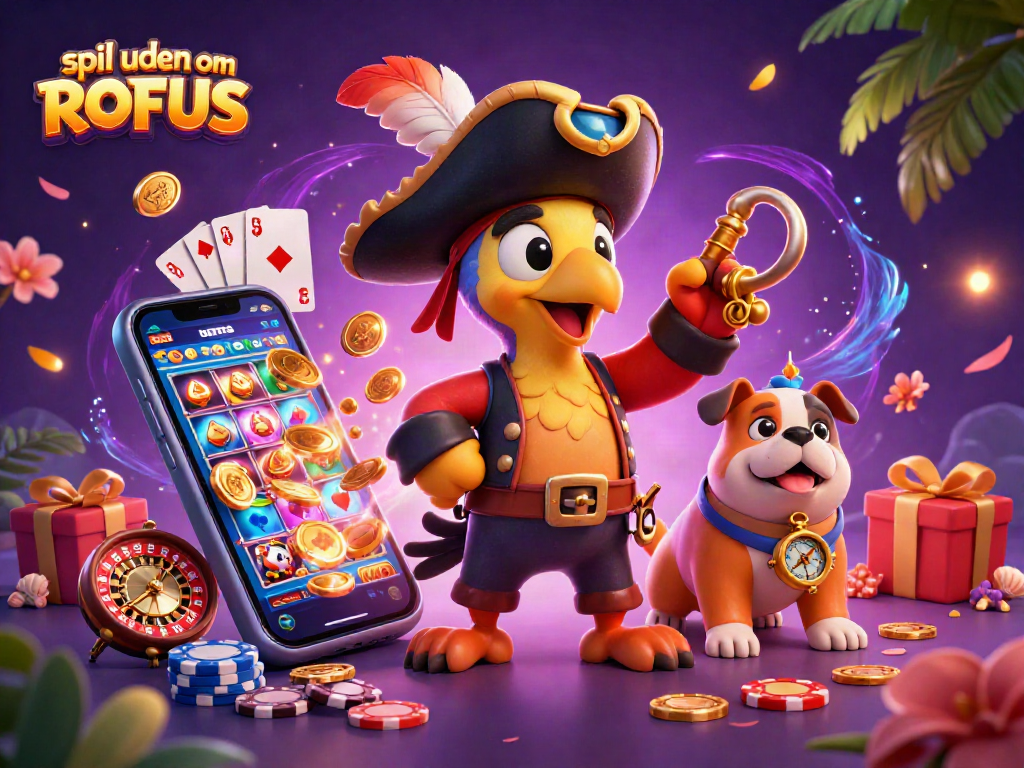 Play exciting games at spil uden om ROFUS with a vibrant casino adventure illustration.
