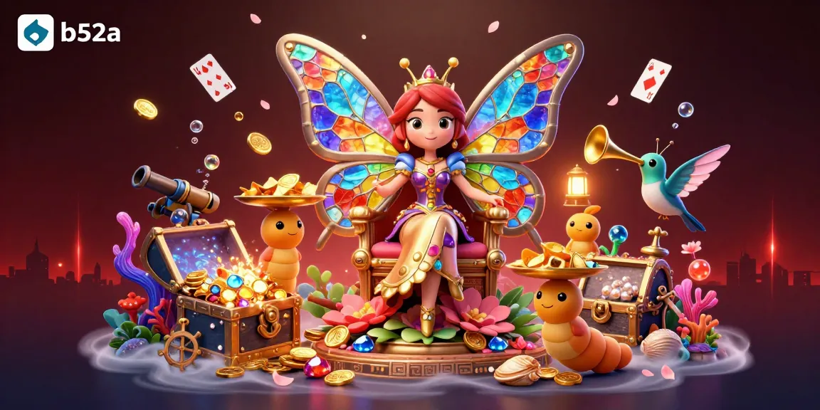 Experience the enchanting b52a casino world with a butterfly queen, colorful gems, and vibrant game elements.