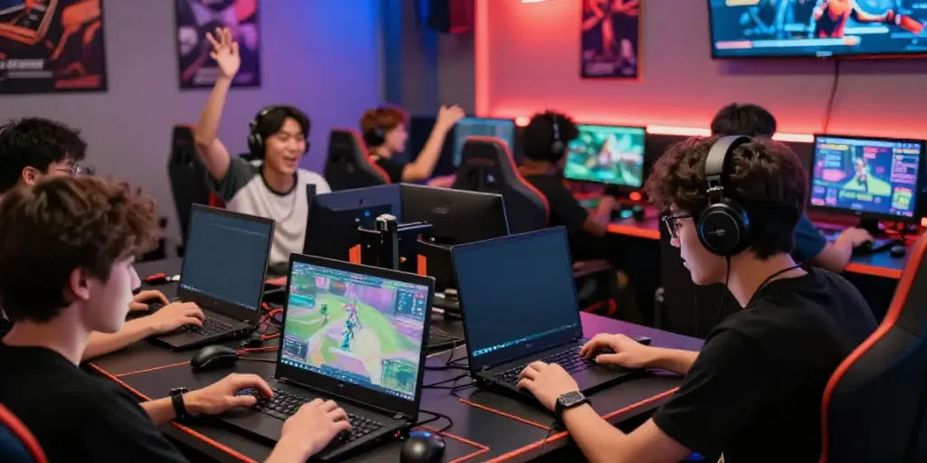 Dewacash Asia gamers enjoying intense online gaming sessions in a vibrant hub.