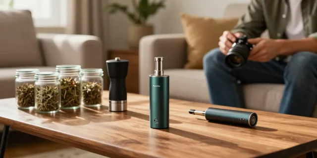 DynaVap vaporizer set up on a wooden table with herbs and a torch, showcasing a relaxing home vaping scene.