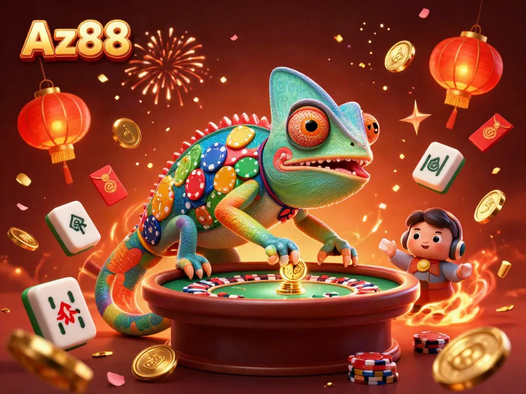 Experience the thrill of Az888 with a vibrant chameleon casino owner and dynamic game elements.