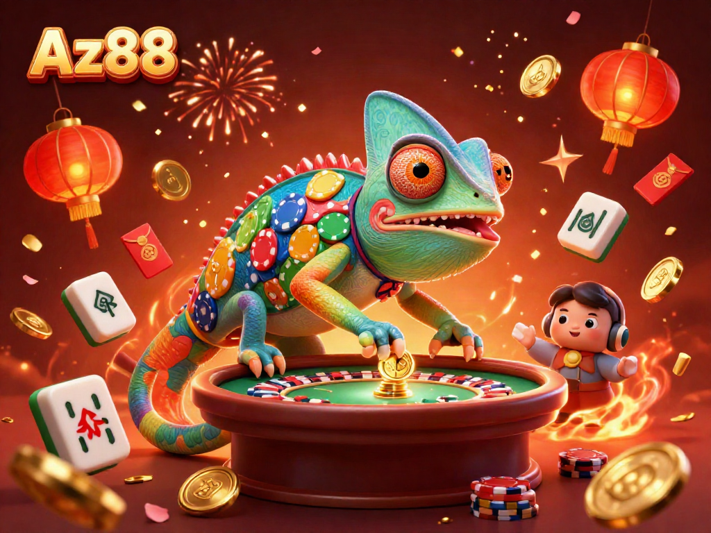 Experience the thrill of Az888 with a vibrant chameleon casino owner and dynamic game elements.