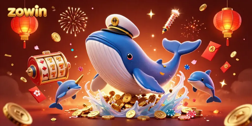 Win big with Zowin's vibrant casino adventures featuring whales, poker chips, and slot reels.