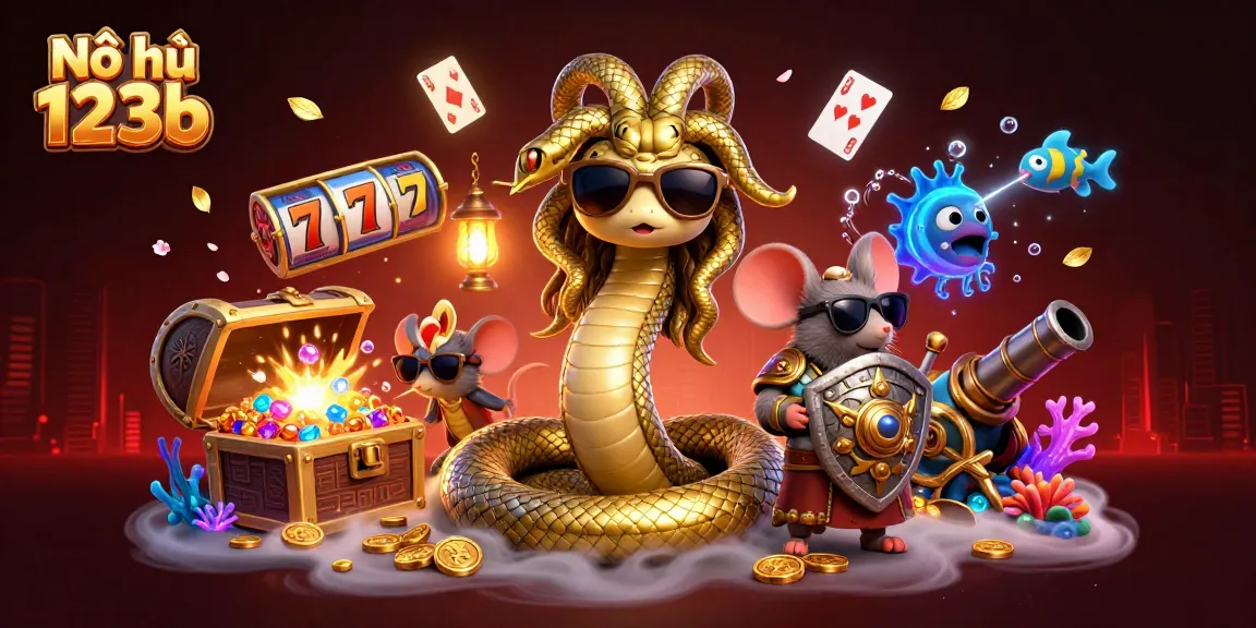 Nổ hũ 123b showcases a vibrant and exciting online gaming experience with Medusa and a warrior mouse amidst a rich casino atmosphere.