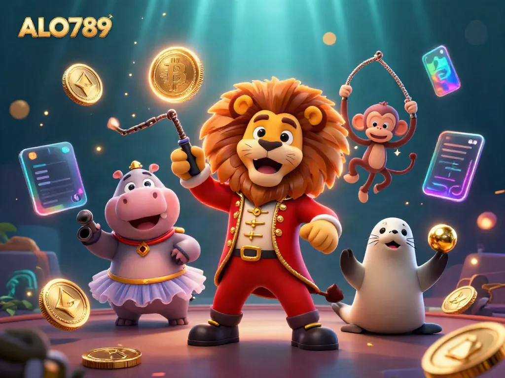 Experience thrilling gameplay at ALO789, featuring cartoon characters and vibrant casino elements in an exciting illustration.