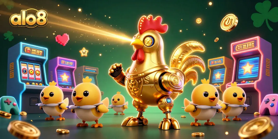 Experience the thrilling gameplay of alo8 with a lively 3D casino scene featuring a golden robot and arcade machines.