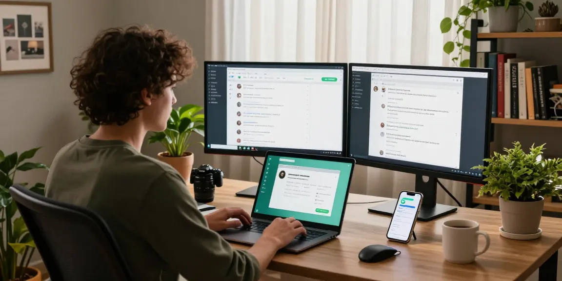Engaging in WhatsApp電腦版 on a laptop in a cozy home office.