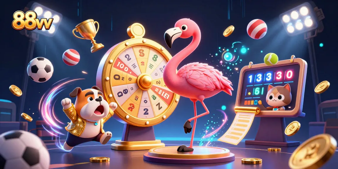 Engage with 88vv through an exciting game show atmosphere featuring animated characters, dynamic sports elements, and vibrant casino energy.