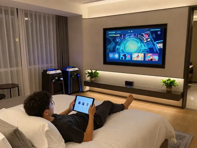 rokok88 modern hotel room featuring gaming entertainment options and stylish décor