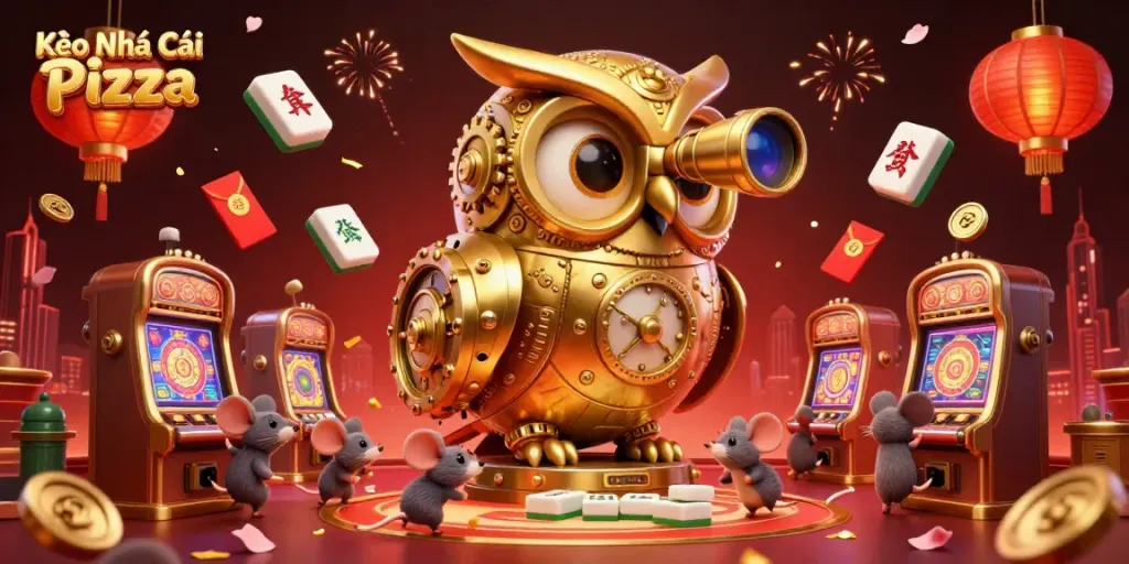 Kèo Nhà Cái Pizza showcases a lively casino scene with a golden owl, filled with dynamic gambling elements.