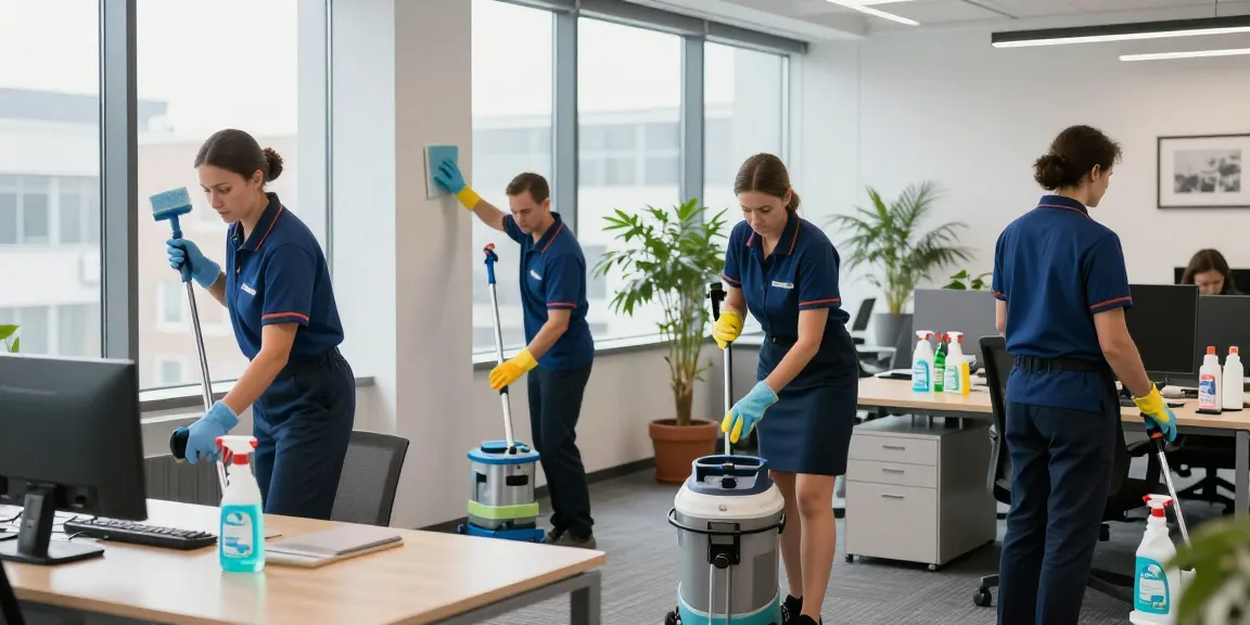 Professionelle Gebäudereinigung Düsseldorf mit Reinigungsteam, das ein modernes Büro sauber hält.