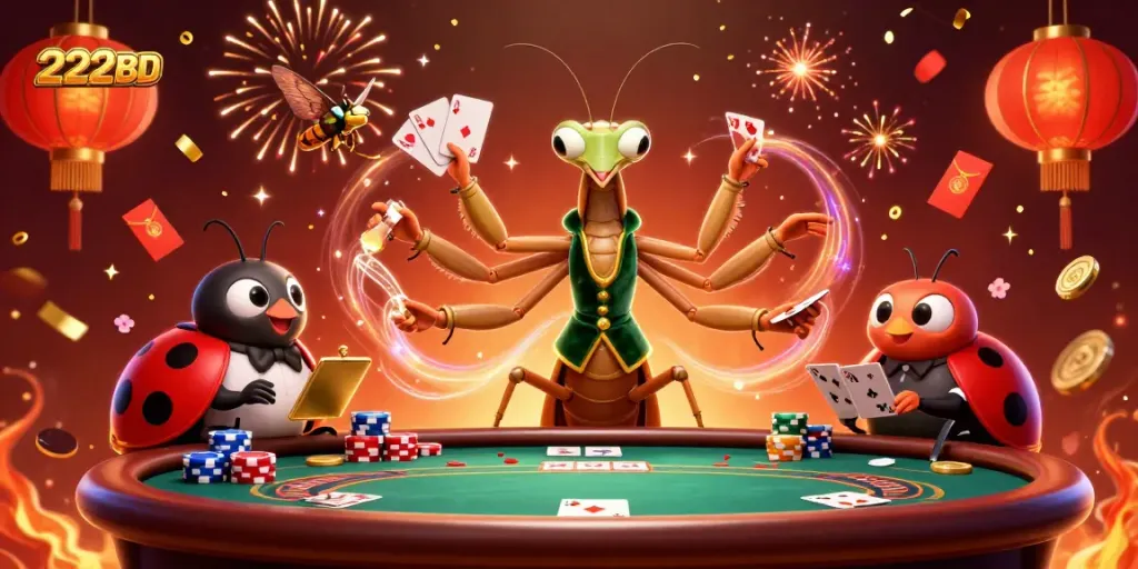 Engage with 222BD, as vibrant characters celebrate at a dynamic casino scene filled with excitement.