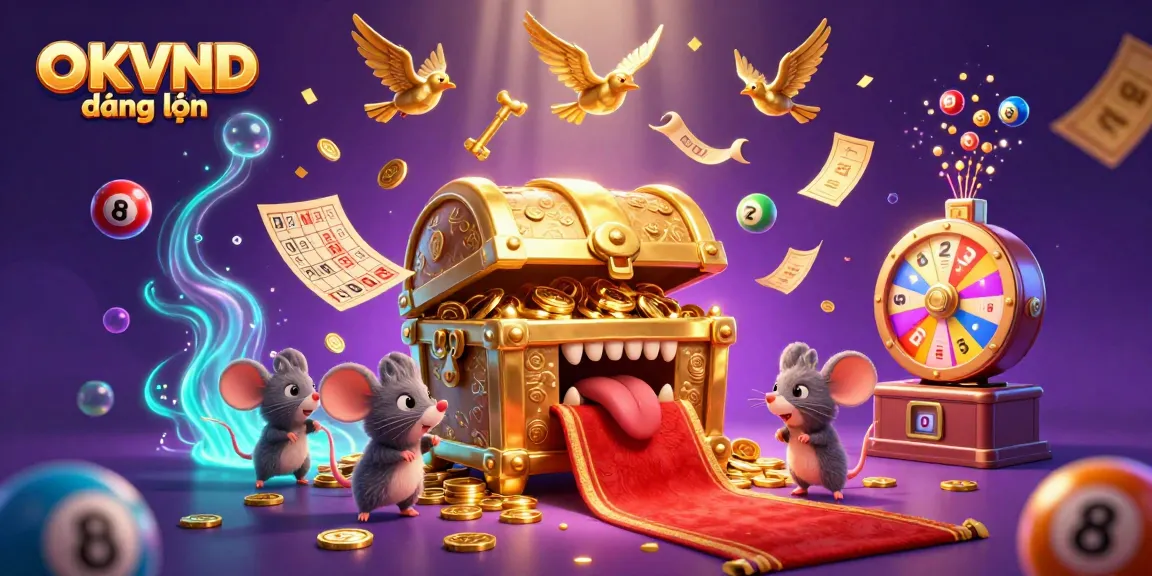 Enter the exciting world of OKVND đăng nhập with vibrant lottery elements and a treasure chest filled with riches.