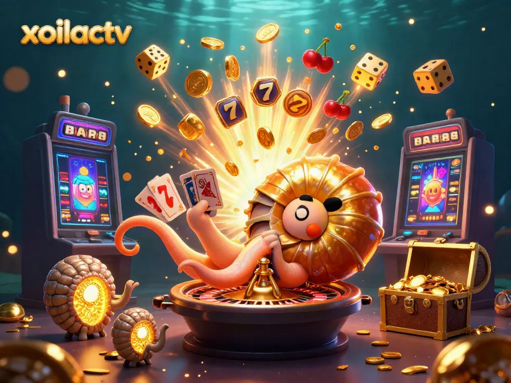 Experience thrilling wins at Xoilactv with a vibrant illustration of an ancient giant nautilus as a roulette wheel.