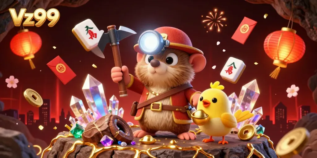 Experience thrilling gameplay at Vz99 in a fantastical casino scene with treasure-hunting characters.