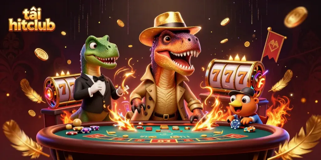 Experience the excitement of tải hitclub with a 3D velociraptor card counter at a blackjack table.